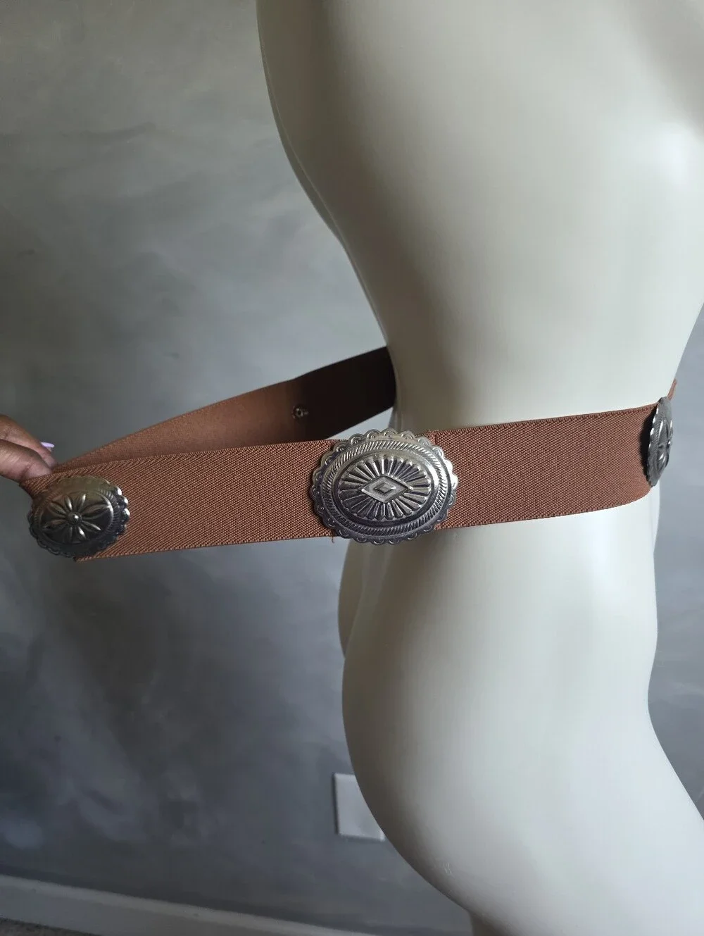 Western Style 5 Concho Tin Belt Brown Elastic Hook Eye Closure One Size